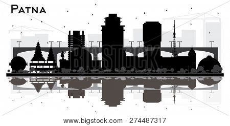 Patna India City Skyline Silhouette with Black Buildings and Reflections Isolated on White Background. Patna Cityscape with Landmarks.