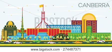Canberra Australia City Skyline with Color Buildings and Blue Sky. Business Travel and Tourism Concept with Modern Architecture. Canberra Cityscape with Landmarks.