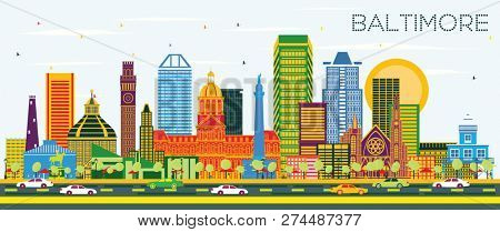 Baltimore Maryland City Skyline with Color Buildings on Blue Sky. Business Travel and Tourism Concept with Modern Architecture. Baltimore Cityscape with Landmarks.