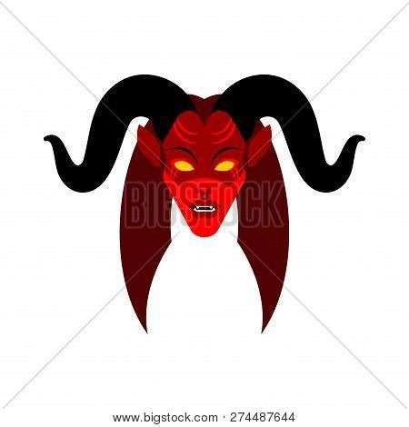 Female Demon With Horns Face. Woman Devil. Succubus Red. Lady Satan. Vector Illustration 