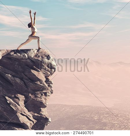 The Young Woman Makes Exercises Of Yoga, The Top Of The Mountaint.  This Is A 3d Render Illustration