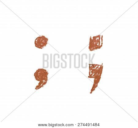 Hand Drawn With The Colorful Chalks Semicolon Symbol Isolated Over The White Background, Set Of Two 