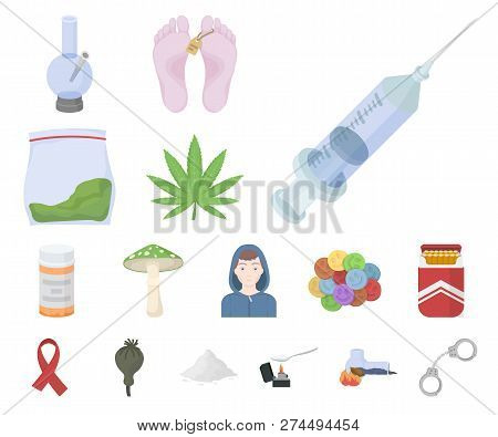Drug Addiction And Attributes Cartoon Icons In Set Collection For Design. Addict And Drug Vector Sym