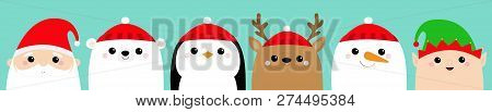 Santa Claus Elf White Polar Bear Raindeer Deer Snowman Penguin Bird Face Icon Set. Merry Christmas. 