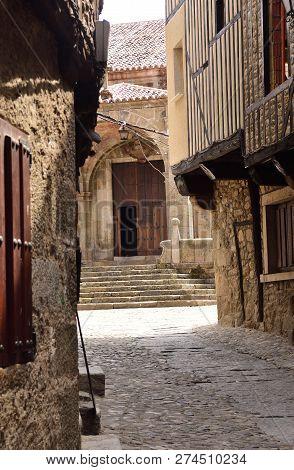 Streets And Entrance Of  La Asuncion Church, La Alberca, Salamanca Province,castilla-leon, Spain