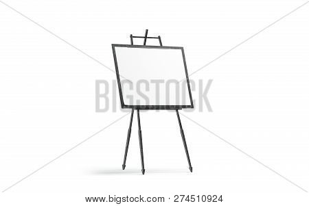 Blank White Art Canvas Stand On Black Wooden Easel Mockup, Isolated, 3d Rendering. Empty Sketch Mock