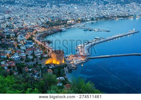 Magnificent Evening Top View Of The Bay Of The Mediterranean Sea And Cityscape With The Old Historic