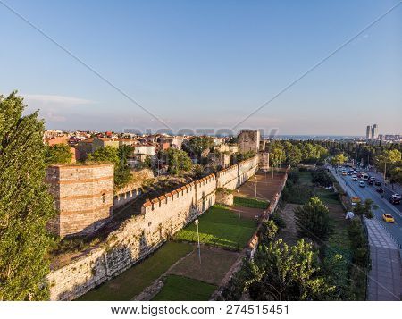 Aerial Drone View Of Ancient Constantinople's Walls In Istanbul / Byzantine Constantinople Entrance 