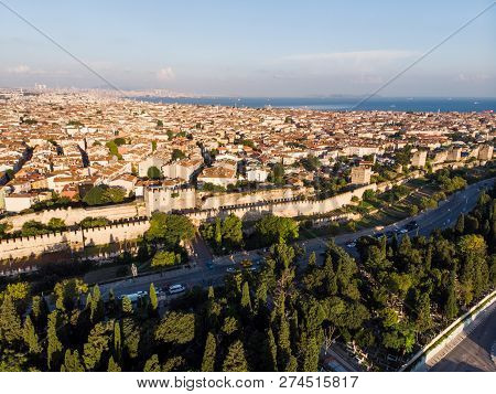Aerial Drone View Of Ancient Constantinople's Walls In Istanbul / Byzantine Constantinople Entrance 