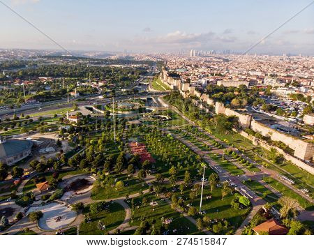 Aerial Drone View Of Ancient Constantinople's Walls In Istanbul / Byzantine Constantinople Entrance 