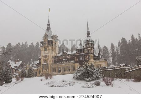 Peles Castle In Romania Predeal, Blizzard In Brasov Sinaia