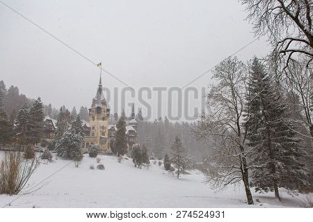 Peles Castle In Romania Predeal, Blizzard In Brasov Sinaia