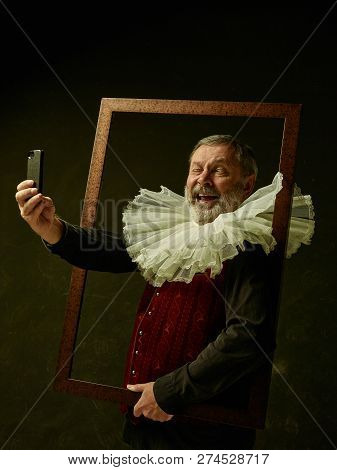 Official Portrait Of Historical Governor Man With Mobile Phone From The Golden Age With Corrugated R
