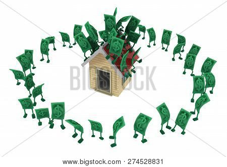 Dollar Money Symbol Cartoon Characters On Top Of House Roofs Encircled Surrounded, 3d Illustration, 