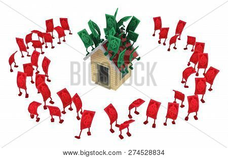 Dollar Money Symbol Cartoon Characters On Top Of House Roofs Encircled Surrounded Red, 3d Illustrati