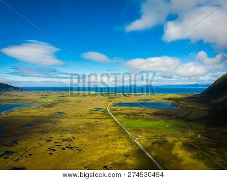 Gimsoya Island Landscape In Vagan Municipality Nordland County, Lofoten Archipelago Norway. Tourist 