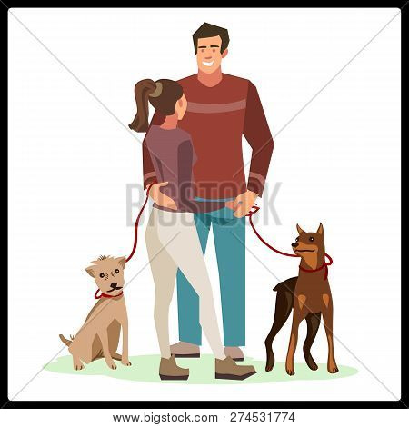 Young People (guy And Girl Talking) Stood In A Friendly Hug While Walking Their Dogs. Illustration I