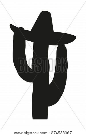 Black And White Cactus In Sombrero Hat Silhouette. Fiesta Carnival Mascot. Mexico Theme Vector Illus