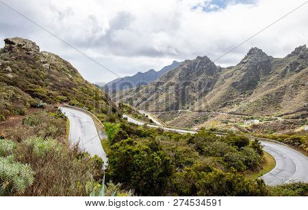 Mountain Serpentine. The Road Is Mountainous. The Way From Anaga Valley To Santa Cruz De Tenerife. S