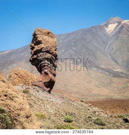 Roque Cinchado And Peak Of Teide Volcano. Tenerife, Canary Islands, Spain