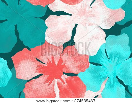 Hawaiian Watercolor Pattern. Indigo Blue Floral Tropical Seamless Print. Hibiscus And Oleander In Ha