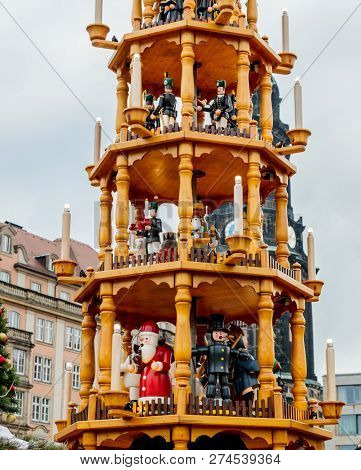 Dresden, Germany - December 14, 2018: View Of The Christmas Decorations, Toys And Scenery Houses On 