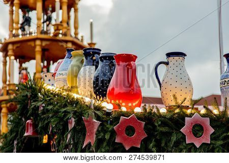 Dresden, Germany - December 14, 2018: View Of The Christmas Decorations, Toys And Scenery Houses On 