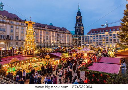 Dresden, Germany - December 14, 2018: View Of The Christmas Decorations, Toys And Scenery Houses On 