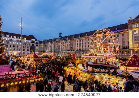 Dresden, Germany - December 14, 2018: View Of The Christmas Decorations, Toys And Scenery Houses On 