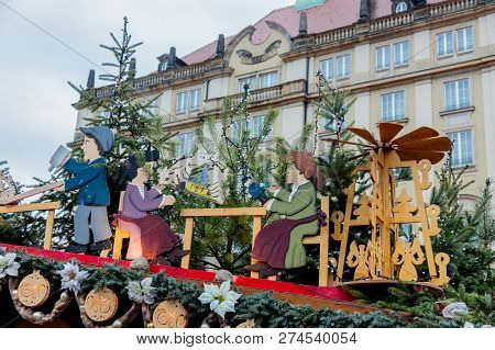 Dresden, Germany - December 14, 2018: View Of The Christmas Decorations, Toys And Scenery Houses On 