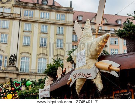 Dresden, Germany - December 14, 2018: View Of The Christmas Decorations, Toys And Scenery Houses On 