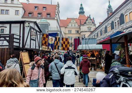 Dresden, Germany - December 14, 2018: View At Medieval Christmas Fair Or Market In Dresden