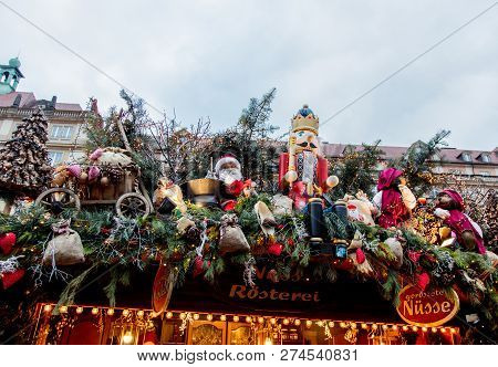 Dresden, Germany - December 14, 2018: View Of The Christmas Decorations, Toys And Scenery Houses On 
