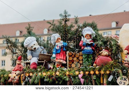 Dresden, Germany - December 14, 2018: View Of The Christmas Decorations, Toys And Scenery Houses On 