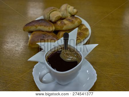 Coffee With Patty And Buns With Apples And Cheese. Shot From Side Sligthly Above Angle.
