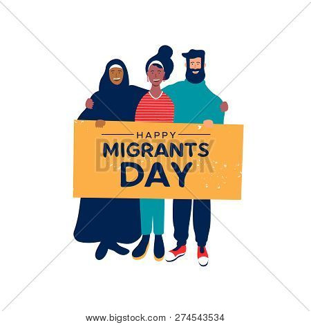 International Migrants Day Background Illustration, Diverse People Group From Different Cultures Hol