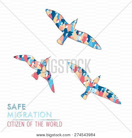 International Migrants Day Illustration, Diverse People Group In Bird Shape For Equality And Peace. 