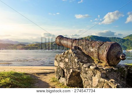 Historical Beaultiful Cannon Used To Combat Pirates At Paraty, Rio Do Janeiro, Brazil.