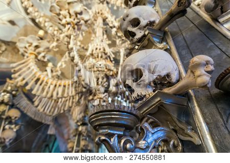Kutna Hora, Czech Republic - October 22, 2017: Interior of Kostnice Church in Kutna Hora.
