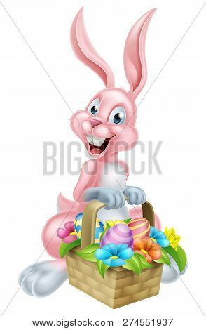 Cartoon Easter Bunny Rabbit Holding An Easter Basket Full Of Chocolate Easter Eggs