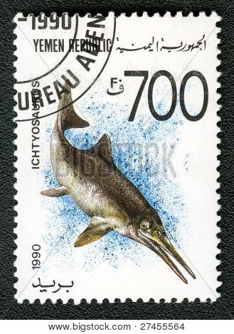 Republiek Jemen - Circa 1990: Een stempel gedrukt In Jemen Shows Ichtyosaurus, Circa 1990.