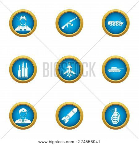Military Takeover Icons Set. Flat Set Of 9 Military Takeover Icons For Web Isolated On White Backgro