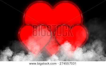 Happy Valentines Day Colorful Hearts Abstract Background. Smoke Misty Fog Texture On Isolated Black 