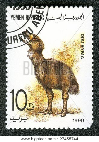 Yemen Republik - Circa 1990: Et frimærke, trykt i Yemen viser Diatryma, Circa 1990.