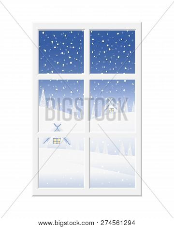 View From The Window: Snow-covered Landscape With Snowdrifts, Snowfall, Fir Trees And Huts. Winter W