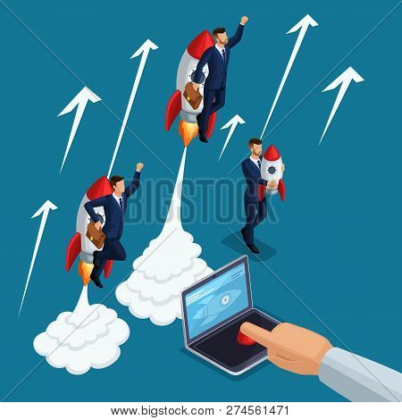 Isometric People Person, 3d Startup Start, Hand Presses Start Button Laptop, Take Off Young Business