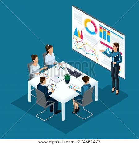 Isometric People Person, 3d Businessmen, Girl Coaching, Business Training, Board With Graphs, Concep