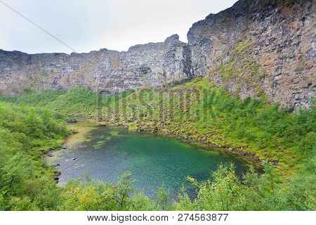 Iceland Landscape. Asbyrgi Glacial Canyon And Botnstjorn Lake, Iceland.