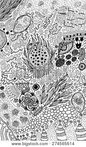 Psychedelic Abstract Ink Sketch. Surreal Weird Line Drawing For