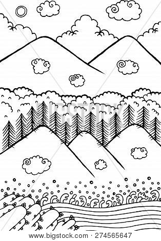 Doodle Landscape With Mountains And Trees. Sky With Sun And Clou
